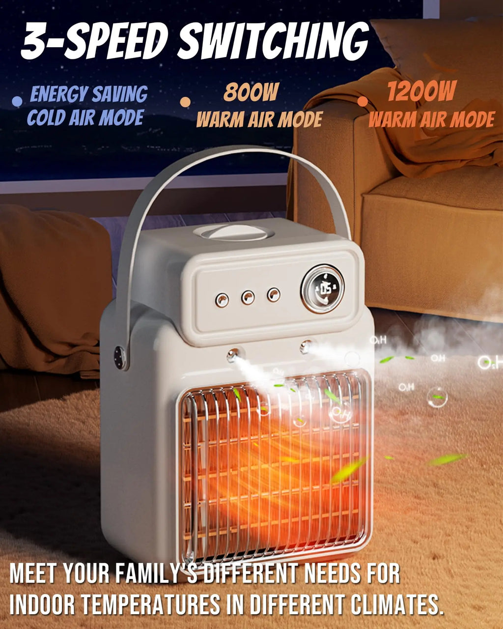 3 in 1 Electric Space Heater Cooling Fan & Heater Fan & Humidifier 1200W Portable Heater timed &Overheat Protection Desk Heaters